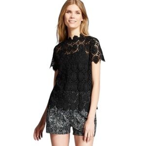 Who What Wear Trendy Feminine High Neck short sleeve stunning SHEER Lace Top